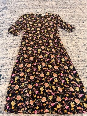 LOFT Black Floral Midi Dress with Pink and Yellow Flowers